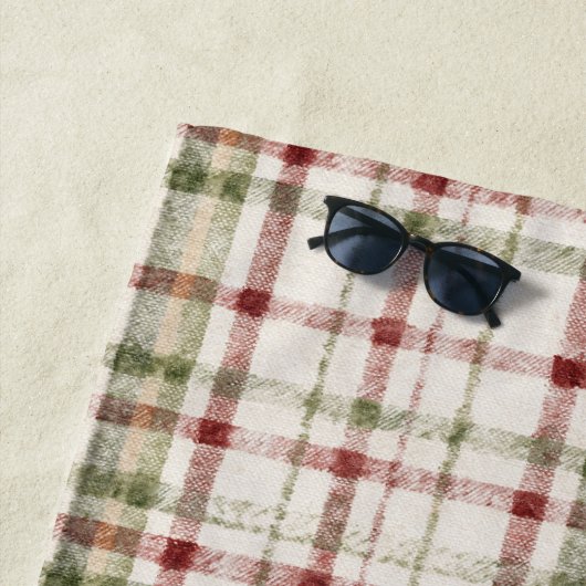 Serviette De Plage Rayures écossaises vertes et rouges crème (En situation)