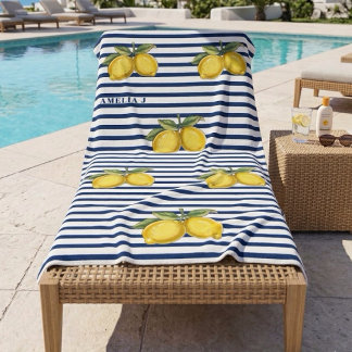 Serviette De Plage Rayures élégantes bleu marine et citrons peints à