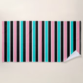 Serviette De Plage Rayures en noir, rose et bleu (Devant)