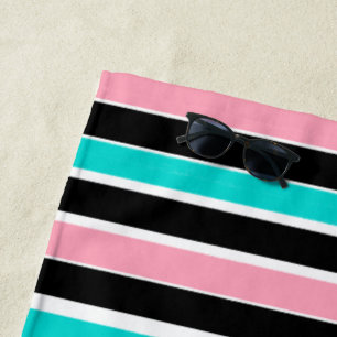Serviette De Plage Rayures en noir, rose et bleu