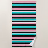 Serviette De Plage Rayures en noir, rose et bleu (Devant)