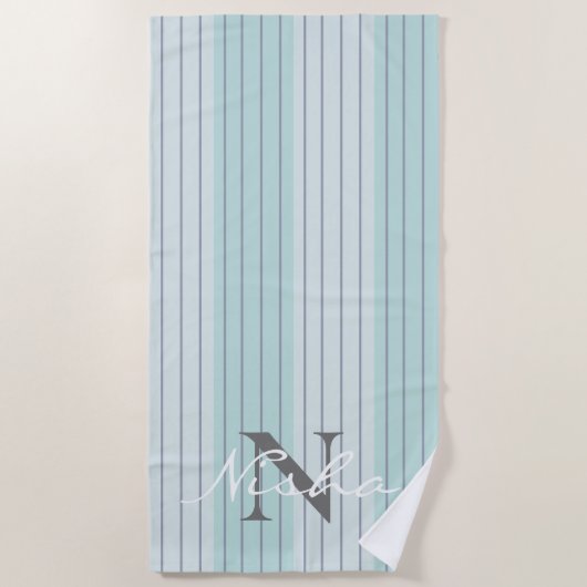 Serviette De Plage Rayures Monogramme Bleu Sarcelle Gris (Devant)