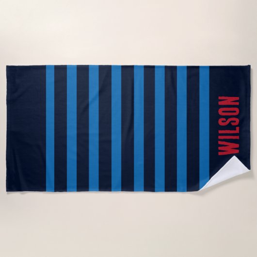 Serviette De Plage Rayures monogramme nom bleu marine et rouge (Devant)