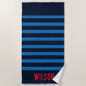 Serviette De Plage Rayures monogramme nom bleu marine et rouge (Devant)