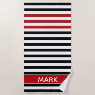 Serviette De Plage Rayures multicolores rouge noir et blanc personnal