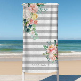 Serviette De Plage Rayures Nautiques Floral Aquarelle Gris Nom