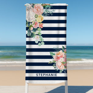 Serviette De Plage Rayures Nautiques Floral Aquarelle Nom Bleu Marine