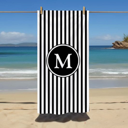 Serviette De Plage Rayures noires et blanches avec monogramme