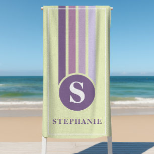 Serviette De Plage Rayures Rétro Monogramme Violet Nom Personnalisé