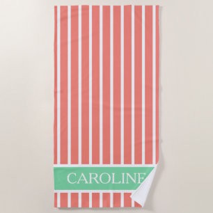 Serviette De Plage Rayures roses et blanches avec la turquoise