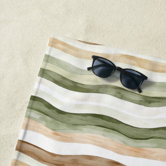 Serviette De Plage Rayures Vert Crème Marron (En situation)