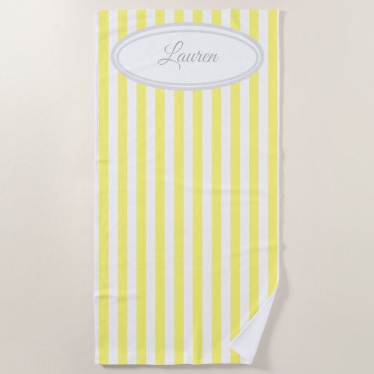 Serviette De Plage Rayures verticales jaunes et blanches Monogramme (Devant)
