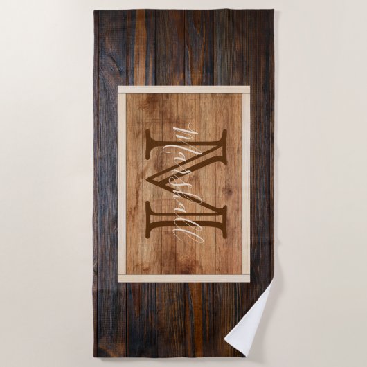 Serviette De Plage Rectangle de monogramme en bois rustique (Devant)