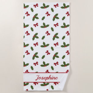 Serviette De Plage Red Bows Et Christmas Holly Plante Motif & Nom