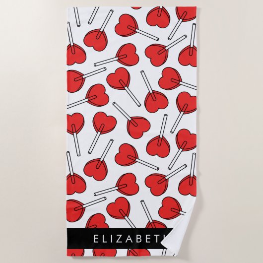 Serviette De Plage Red Lollipops, Heart Lollipops, Lolly, Your Name (Devant)