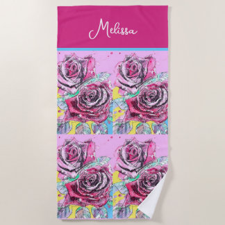 Serviette De Plage Red Rose Watercolor Flowers Pink Floral Painting