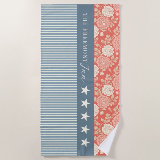 Serviette De Plage Red White Blue Stars Stripes Floral Block print  (Devant)