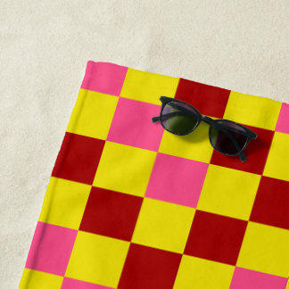 Serviette De Plage Red Yellow Pink Checkered Pattern Design 