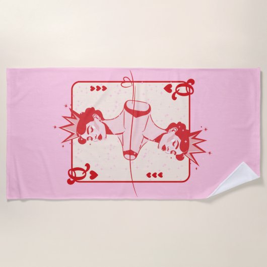 Serviette De Plage Reine des Coeurs rouge et rose (Devant)