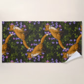 Serviette De Plage Renard, fleurs et lierre, vert, orange et viole (Devant)