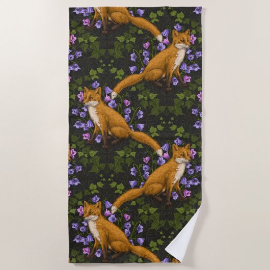 Serviette De Plage Renard, fleurs et lierre, vert, orange et viole (Devant)