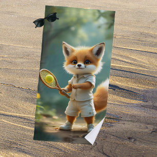 Serviette De Plage Renard mignon jouant au tennis dans une forêt ench