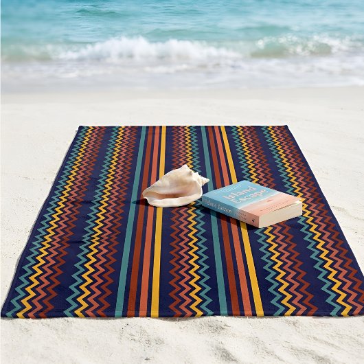 Serviette De Plage Retro 70s Navy Red & Yellow Geometric Stripe