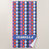 Serviette De Plage Retro Abstrait Stripes bleu rose Nom personnalisé (Devant)