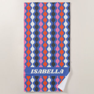 Serviette De Plage Retro Abstrait Stripes bleu rose Nom personnalisé