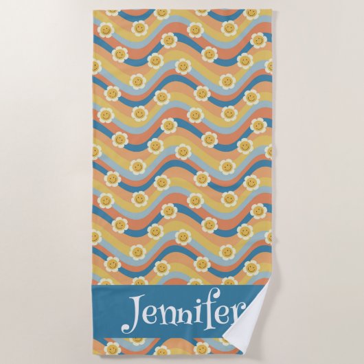 Serviette De Plage Retro Arc-en-ciel Smiley face Fleurs (Devant)