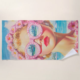 Serviette De Plage Retro Beach Girl avec lunettes de soleil florales