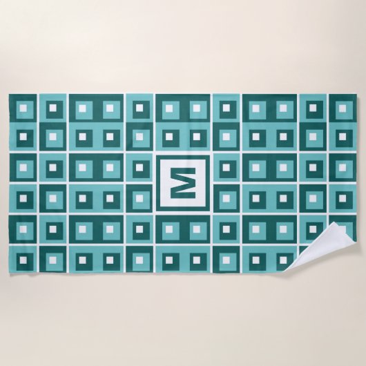 Serviette De Plage Retro Blue Geometric Squares Pattern Monogram (Devant)
