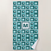 Serviette De Plage Retro Blue Geometric Squares Pattern Monogram (Devant)