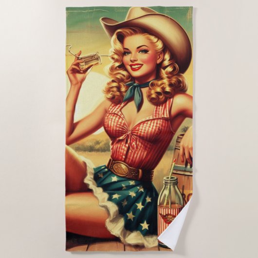 Serviette De Plage Retro Cute Cowgirl (Devant)