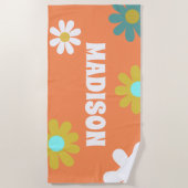 Serviette De Plage Retro Daisy Orange Turquoise Blanc Jaune Personnal (Devant)