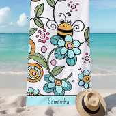 Serviette De Plage Retro Floral Bumble Bee Personnalisé
