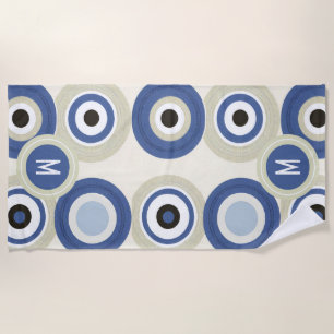 Serviette de plage rétro moderne Monogram Evil Eye