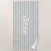 Serviette De Plage Retro Pastel Stripes Nom personnalisé (Devant)