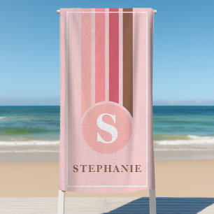 Serviette De Plage Retro Stripes rose et Brown Nom du monogramme