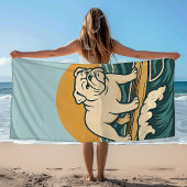 Serviette De Plage Retro Surfer Dog Blue Coastal Surfing Bulldog Art
