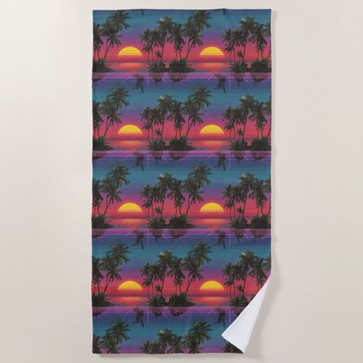 Serviette De Plage Retro Synthwave Palm Tree Sunset Pattern (Devant)