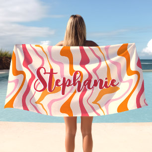 Serviette De Plage Rétro Tourbillon Vague Abstraite Rose Orange Nom P