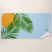 Serviette De Plage Retro Tropical Sun Palm Feuille Blue Minimal Nom (Devant)