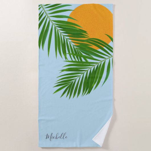 Serviette De Plage Retro Tropical Sun Palm Feuille Blue Minimal Nom (Devant)