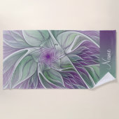 Serviette De Plage Rêve Fleur, Nom, Abstrait Violet Vert Fractal (Devant)