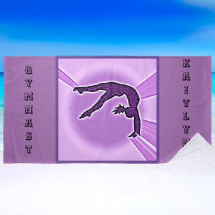 Serviette De Plage Ribbon Purple Sparkle Gymnastique Nom personnalisé