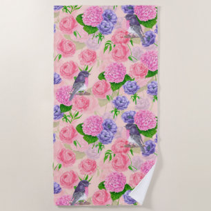 Serviette De Plage Robin et fleurs, motif aquarelle