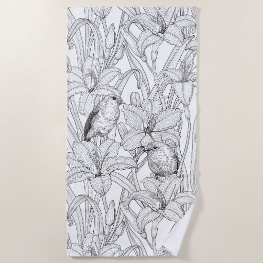 Serviette De Plage Robins et fleurs de lys, noir et blanc (Devant)