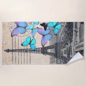Serviette De Plage romantique papillon bleu français paris tour eiffe (Devant)