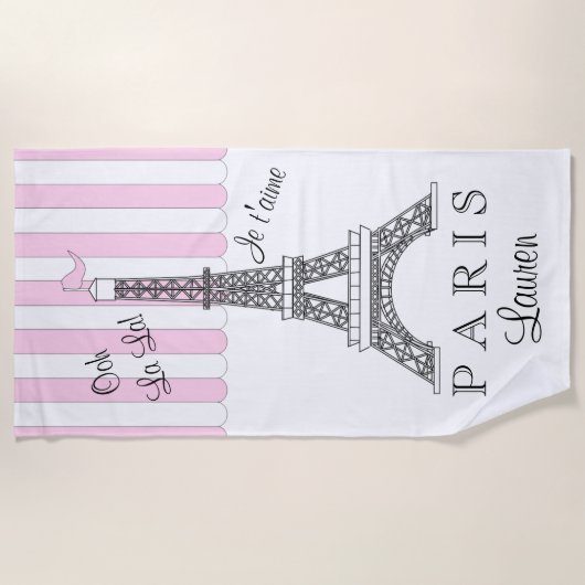 Serviette De Plage Rose | Blanc Paris Tour Eiffel Ooh La La (Devant)